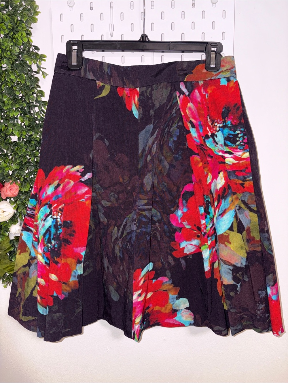 Trina Turk Black Skater Skirt with Red & Teal Floral Print